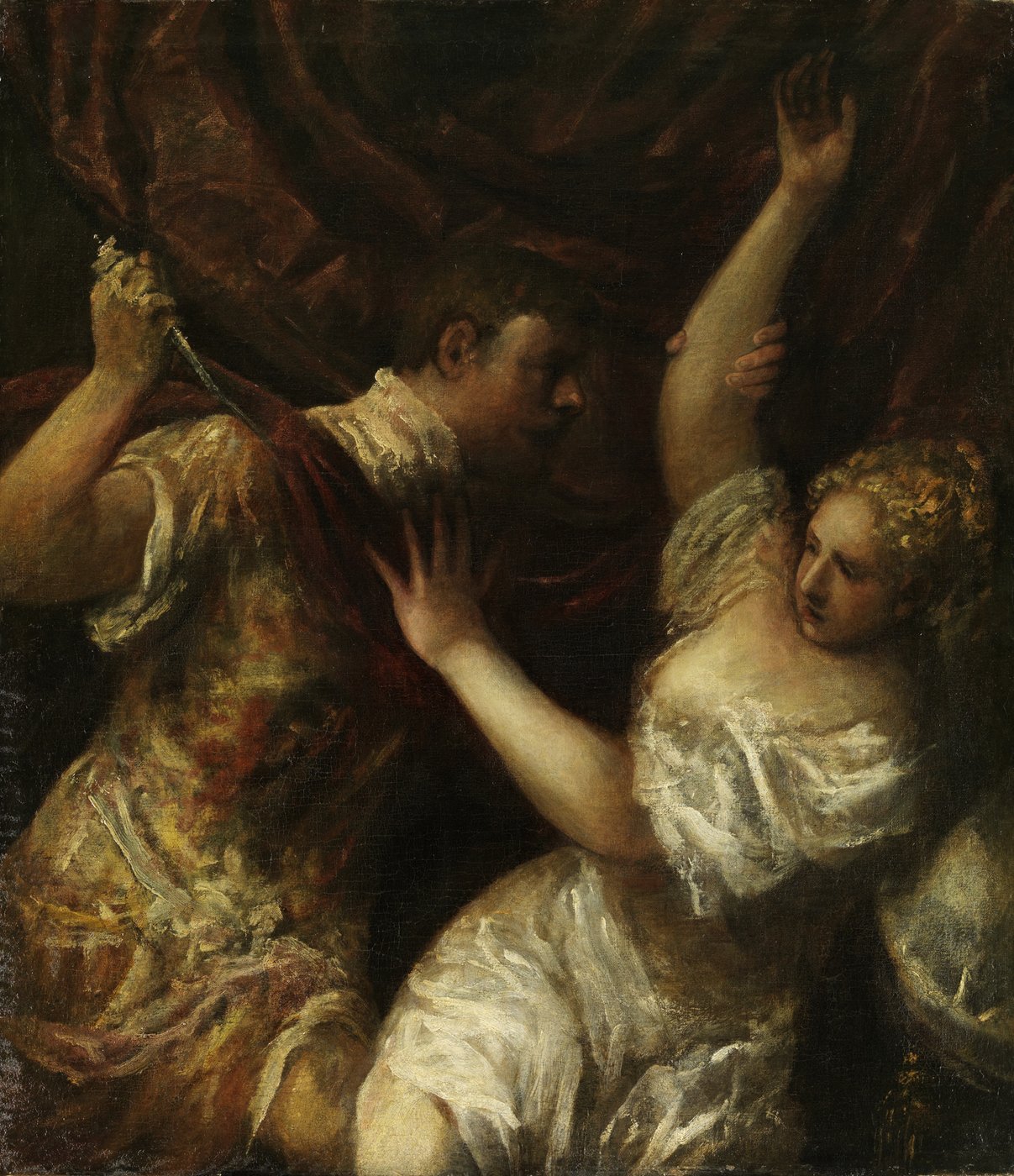 3a The portrait-format painting depicts a dramatic and violent moment in which Tarquinius threatens Lucretia with a dagger. Lucretia tries to push him away with her left arm, Tarquinius in turn holds her right arm and tries to pull her towards him. A dramatic tension is created by her defence and his violent approach. Lucretia wears a white dress that has slipped so much that half of her right breast is being exposed. The background is taken up by a dark red curtain, which makes the entire pictorial space seem constricted. The drama of the scene is heightened by the painting technique and the play of colour. There are no clear lines and neither the figures nor the space have been worked out particularly vividly. Thus, the painting appears two-dimensional and the brushstrokes with their dynamism almost sketchy.