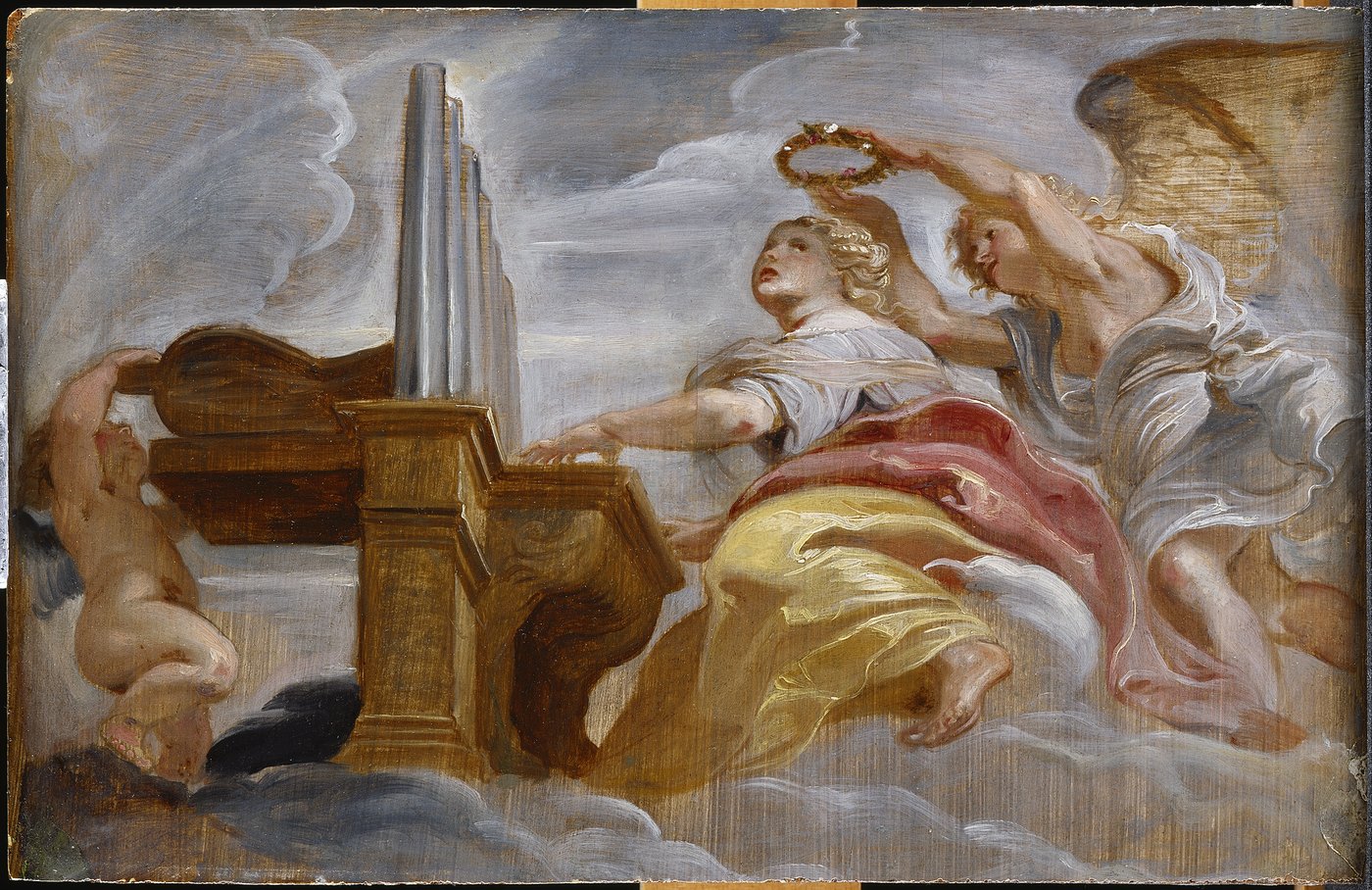 4a The landscape-format painting depicts Saint Cecilia playing the organ with two angels. Due to the strong worm's eye view, the impression is created that one is looking at the scene from below. One of the angels is standing behind Saint Cecilia and holds a wreath of flowers over her head. The scene is embedded in clouds. On the left side of the painting is a small putto reaching up towards the back of the organ. The brushstrokes appear sketchy and in places the wood on which the picture was painted shimmers out. The picture appears dynamic due to the fluttering voluminous robe and the many folds of fabric as well as cloud formations.