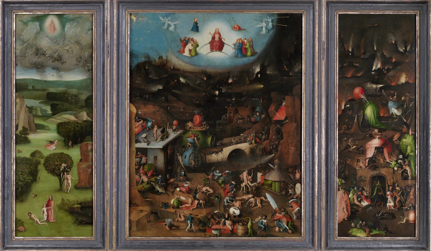 1a The three-part panel painting depicts grotesque-satirical visions embedded in fantastic landscapes. On the central panel, God is enthroned above in the blue sky. From the sky downwards, the colours become increasingly darker until one reaches the gloomy scenes of the Last Judgement. Here, numerous naked people are being punished for their sins by demons and other strange creatures. On the left side panel, the paradisiacal world in the Garden of Eden still seems to be in order at first glance. On closer inspection, however, one notices scenes of the Fall of Man and the expulsion of Adam and Eve from Paradise. The right side panel is the scene of further numerous depictions of torture. Sinful people were condemned to hell, where they are being tortured in a variety of ways. Those who have indulged in gluttony and drunkenness in life are, for example, being filled up from a barrel, which contains a fluid coming straight from the backside of a denizen of hell. While the left panel is dominated by a paradisiacal landscape, the worlds of the middle and right panels, studded with satire and irony, appear chaotic and grotesque.