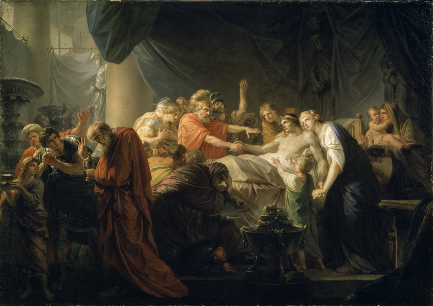 6a The painting shows a scene from Roman antiquity. Germanicus, lying on a bed, occupies the centre of the picture space and is surrounded by almost twenty mourning and lamenting people. His naked upper body is lovingly supported by two women, while he holds out his hand to a general in uniform. Women, men and children are gathered around Germanicus, expressing their pain and grief with different postures and facial expressions. They wear ancient garments such as white, red, blue, ochre and brownish tunics, togas, stoles and Roman uniforms. The scene is separated from the rest of the hall by curtains stretched between large columns. Füger has striven for a lifelike depiction with clear contours, in which the bodies are clearly distinguished from one another.