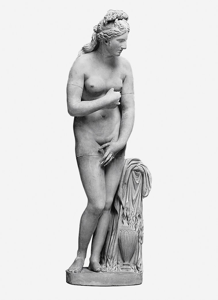 1 The black-and-white photograph shows a cast of a marble sculpture of the Capitoline Venus, a nude young woman in front of a light-coloured background.