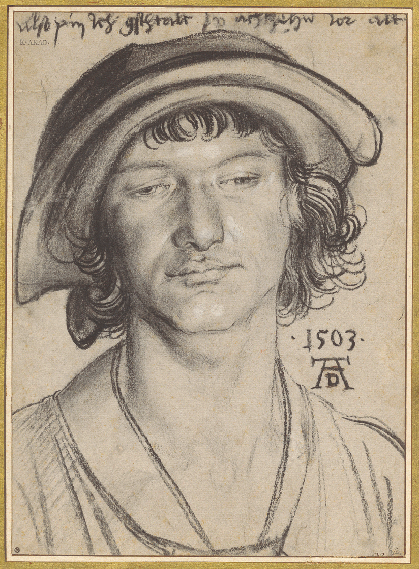 HZ_17784 The portrait of an 18 year young man, as the title reveals, can be seen in the vertical-format charcoal drawing. He wears a headdress that, in keeping with the Renaissance style, has a soft, round shape and a slightly protruding hat brim. His facial expression appears relaxed. He has an angular chin, full pointed lips and a broad, prominent nose. His gaze is directed downwards. Around his broad neck he wears a long necklace. To the right of the portrait is written the year 1503 and the artist's monogram. On the upper edge is an inscription that is difficult to read.