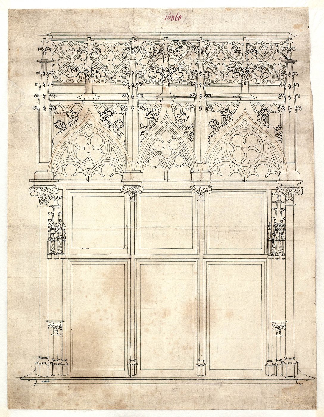 Bauriss The drawing shows a design for a three-part window bay for the Vienna City Hall with Gothic tracery.