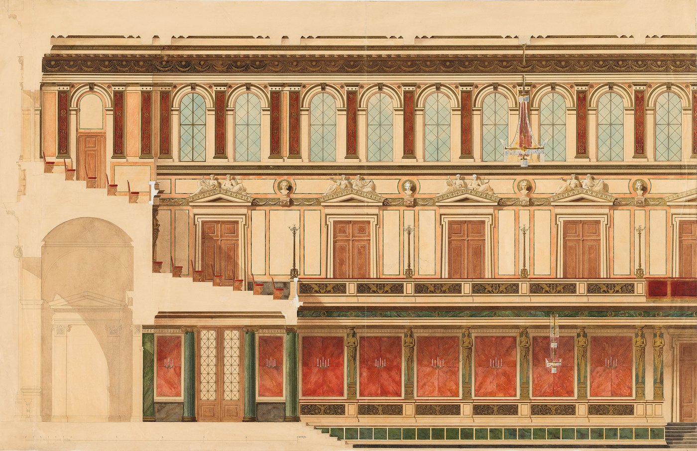 Hansen Shown is the longitudinal section of a design for the Golden Hall of the Musikverein in Vienna.