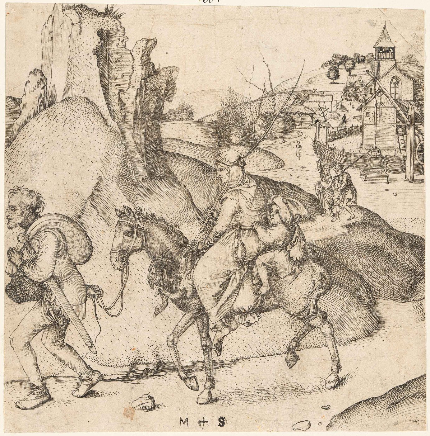 Schongauer Der feinteilige Kupferstich zeigt im Vordergrund eine zum Markt reitende Bauernfamilie vor hügeliger Landschaft mit einem kleinen Dorf rechts im Hintergrund.