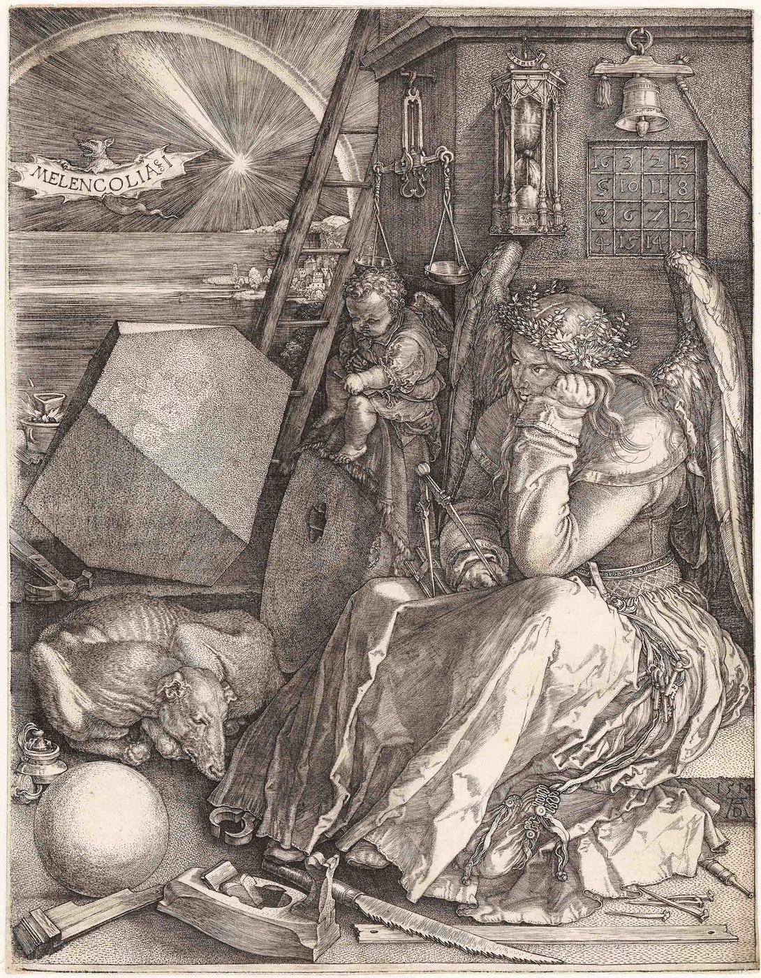 Dürer In der rechten Bildhälfte sitzt eine Frau mit Engelsflügeln, die einen Zirkel und ein Buch in der Hand hält. Neben ihr sitzt auf einem Mühlstein ein knabenhafter Putto vor einer oben mit einem Gesims bekränzten und mit einer Waage, einer Sanduhr, einer Glocke und einem Zahlenquadrat behängten Hausmauer. Am Boden liegen vor einem Tetraeder ein Hund sowie unterschiedliche Werkzeuge. Im Bildhintergrund ist links das Meer mit Küste dargestellt. Der dunkle Himmel darüber wird von einem Kometen erhellt.