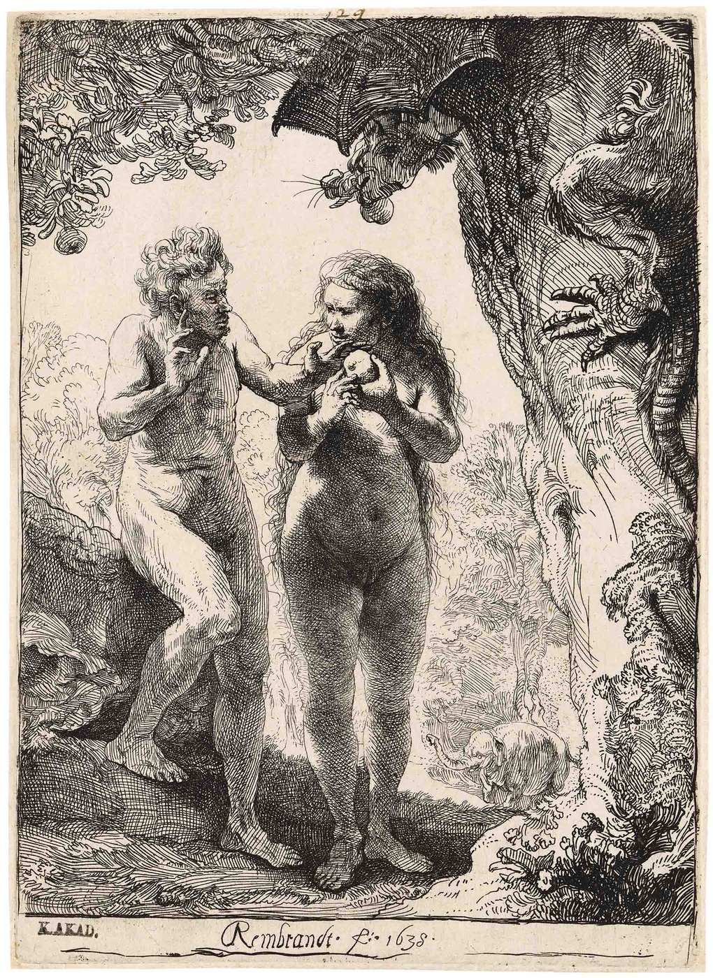 Rembrandt In der Bildmitte steht Eva unter einem Apfelbaum und hält einen Apfel in Händen, während Adam, links im Bild, mit erhobenem Finger vor dem Verzehr des Apfels zu mahnen scheint. Am rechten Bildrand schlängelt sich ein großes, drachenartiges Wesen den Baumstamm hinauf.