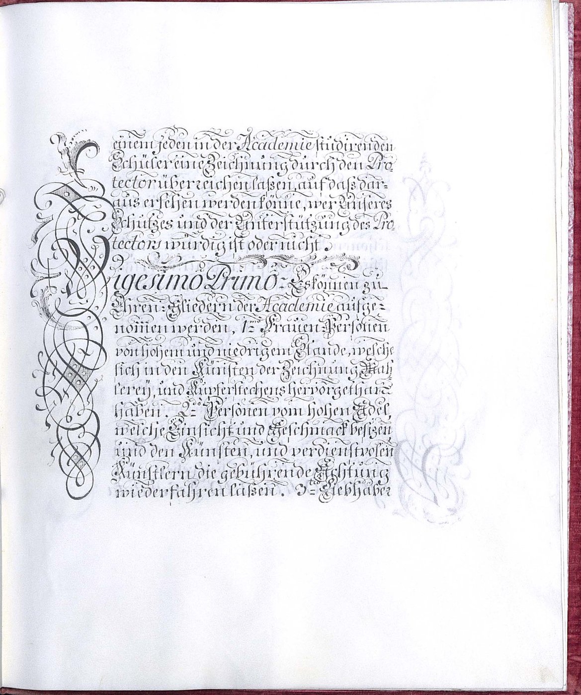 1 Seite aus den Kupferstecherstatuten, schwarze Tinte auf Pergament, prachtvolle Verzierungen der Initialen, besonders des Buchstaben V.