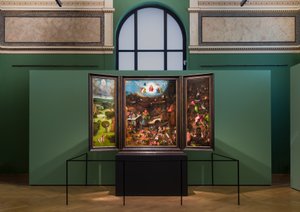 an oil painting is presented in an exhibition space