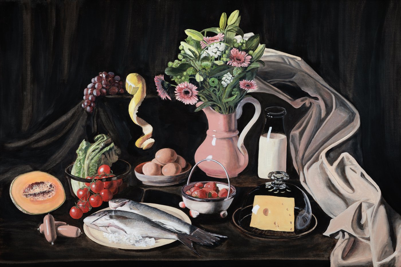 An ornate still life showing foods from a shopping list, including tomatoes, half a melon, a lemon, eggs, cheese, fish, flowers, a candle